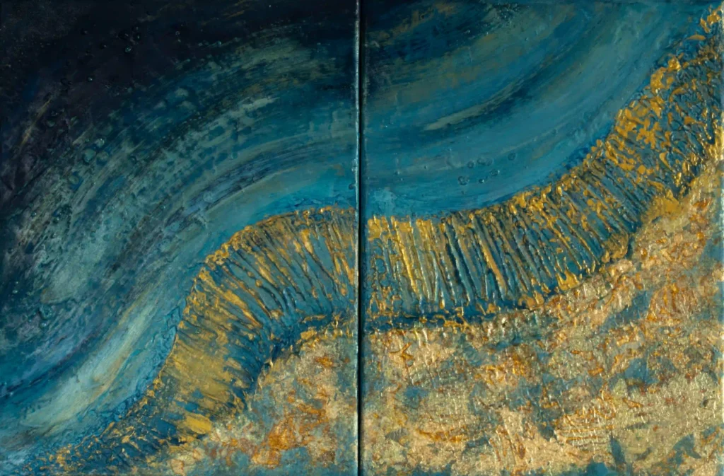 Diptychon aus abstrakter Acrylkunst in Blau- und Goldtönen mit fließender Wellenbewegung.