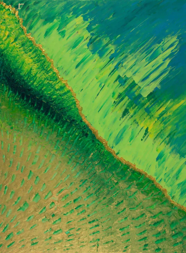 Abstrakte Acrylkunst in Grün- und Türkistönen mit goldener Struktur und dynamischer Oberfläche.