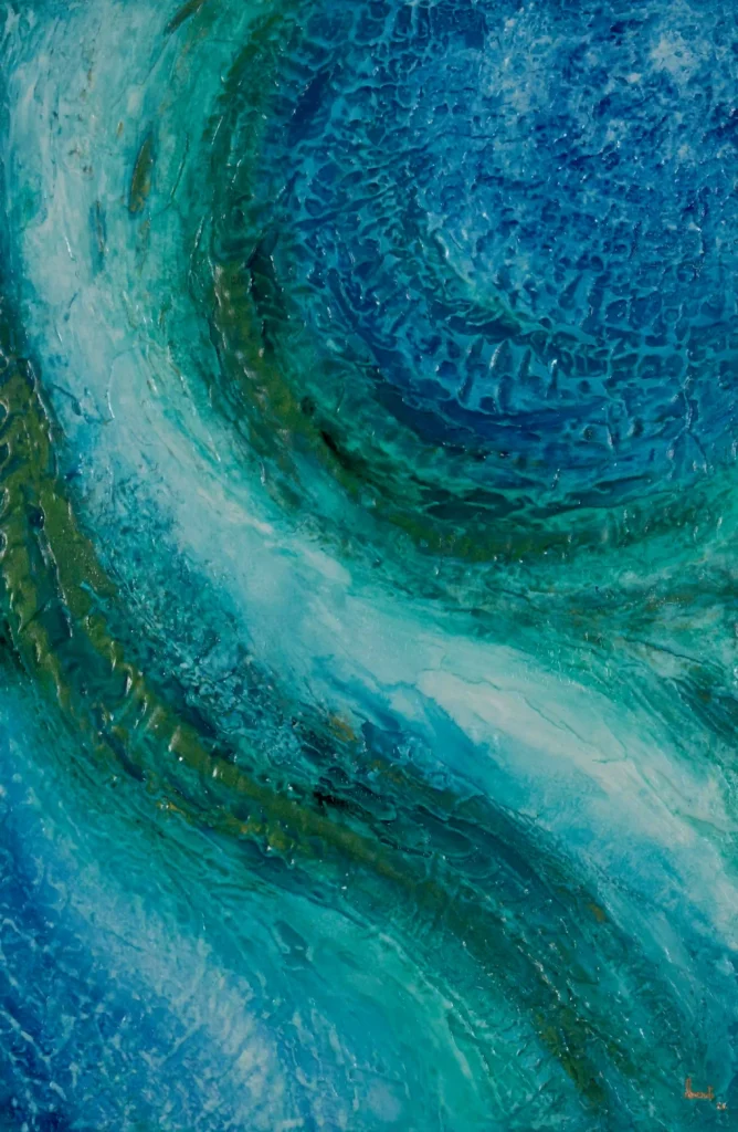 Abstrakte Acrylkunst in Blau- und Türkistönen mit spiralförmiger Bewegung und strukturierter Oberfläche.