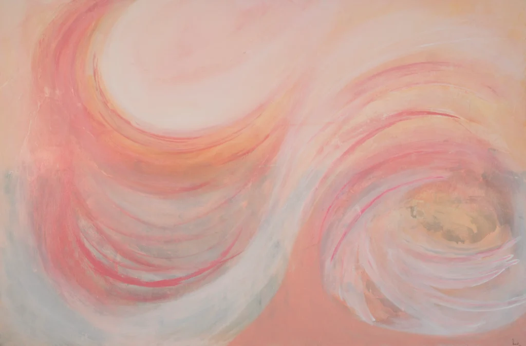 Zeitgenössisches Acrylgemälde in Rosa und Orange mit weichen spiralförmigen Bewegungen.