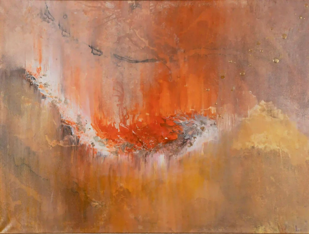 Abstrakte Acrylkunst in warmen Erd- und Kupfertönen mit leuchtendem Zentrum auf Leinwand.