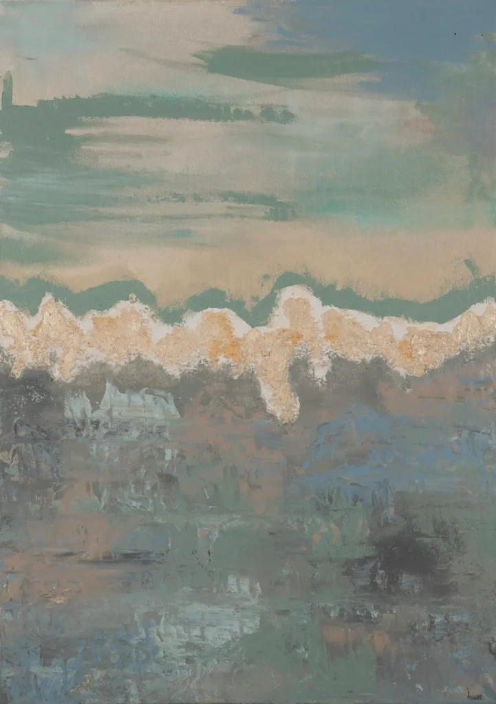Abstraktes Acrylgemälde in Blau-, Grau- und Sandtönen mit ruhiger Horizontstruktur.