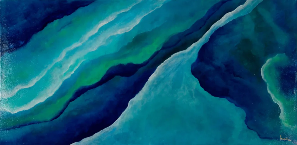 Abstrakte Acrylkunst in Blau- und Türkistönen mit fließender Linienführung und organischer Struktur.