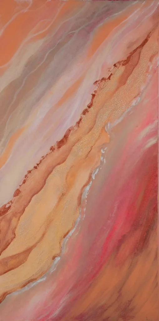 Abstrakte Acrylkunst in Rosé-, Beige- und Goldtönen mit fließender Struktur auf Leinwand.