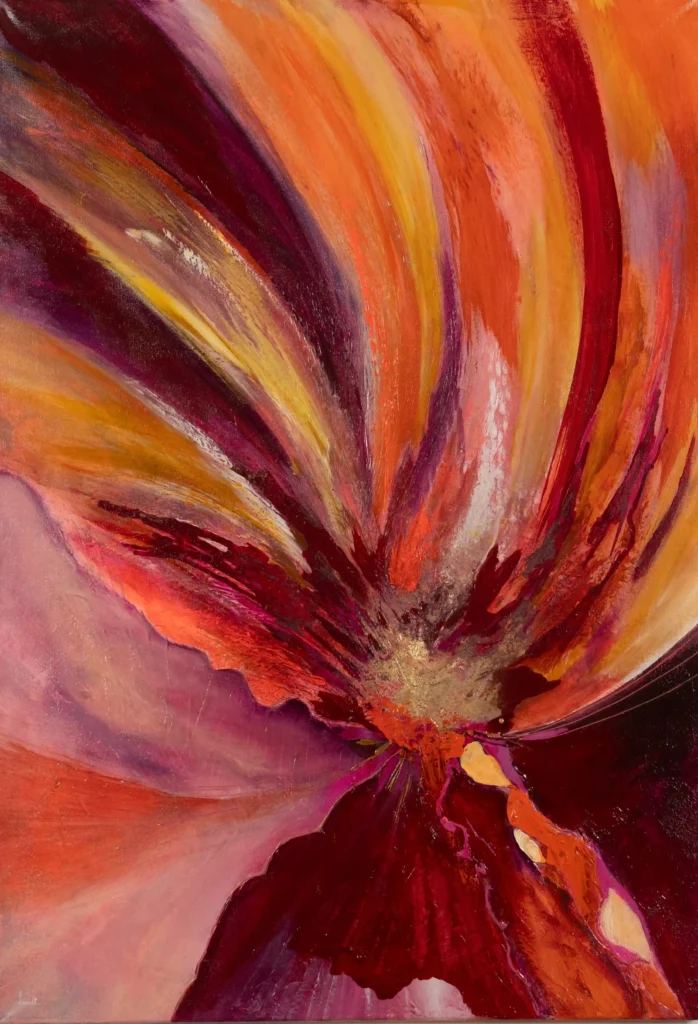 Expressive abstrakte Acrylkunst in Rot-, Orange- und Violetttönen mit dynamischer Bewegung.