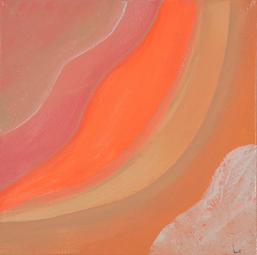 Abstrakte Acrylkunst in warmen Orange-, Rosa- und Beigetönen mit fließender Bewegung.