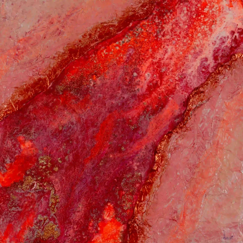 Strukturreiche abstrakte Acrylkunst in Rot-, Rosé- und Orangetönen auf Leinwand.