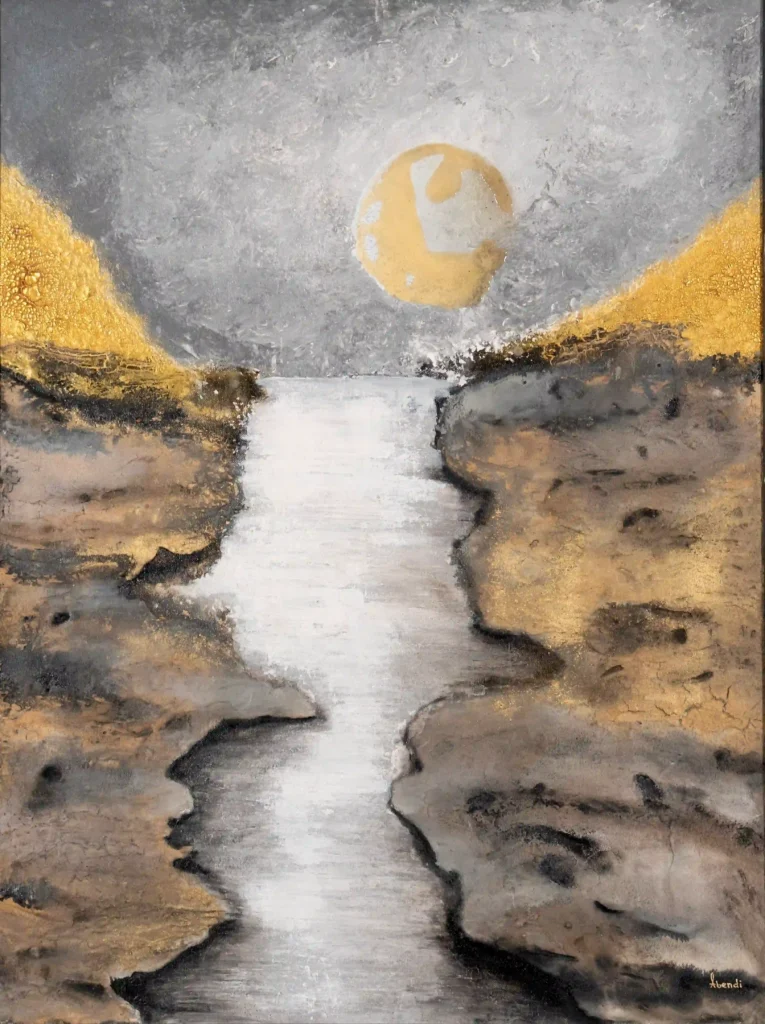 Abstraktes Acrylgemälde mit goldenen Strukturen, silbernem Flusslauf und moderner Texturkunst auf Leinwand