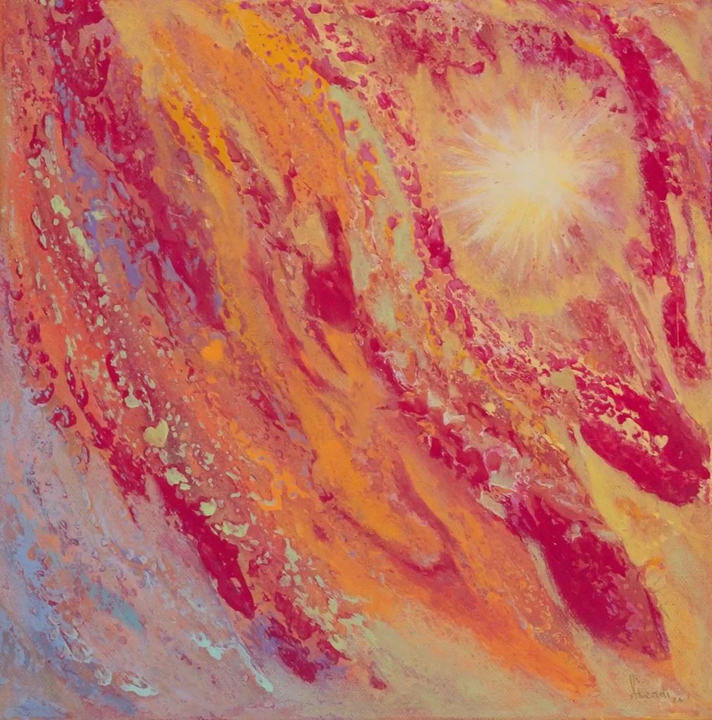 Expressive abstrakte Acrylkunst in Pink-, Gold- und Orangetönen mit leuchtender Dynamik.