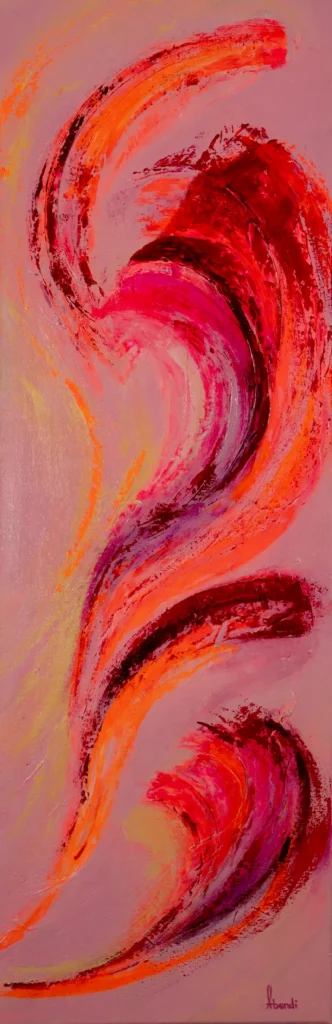 Abstrakte Acrylkunst in Pink-, Rot- und Rosétönen mit dynamischer spiralartiger Bewegung.