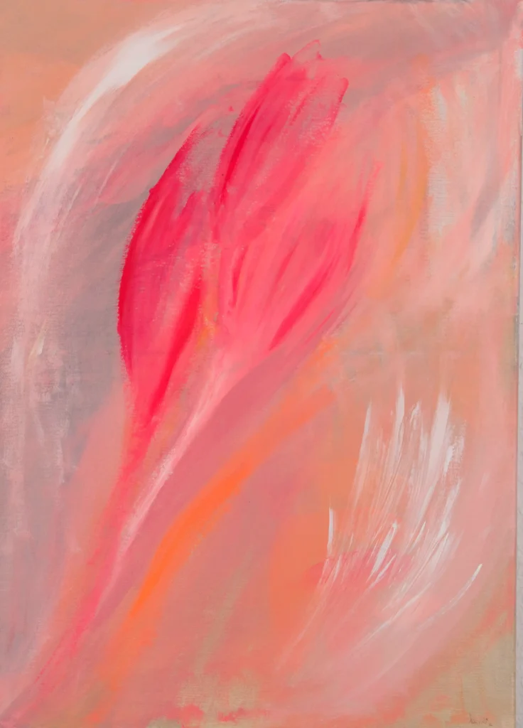 Abstrakte Acrylkunst in Rosé- und Pinktönen mit fließender organischer Form auf Leinwand.
