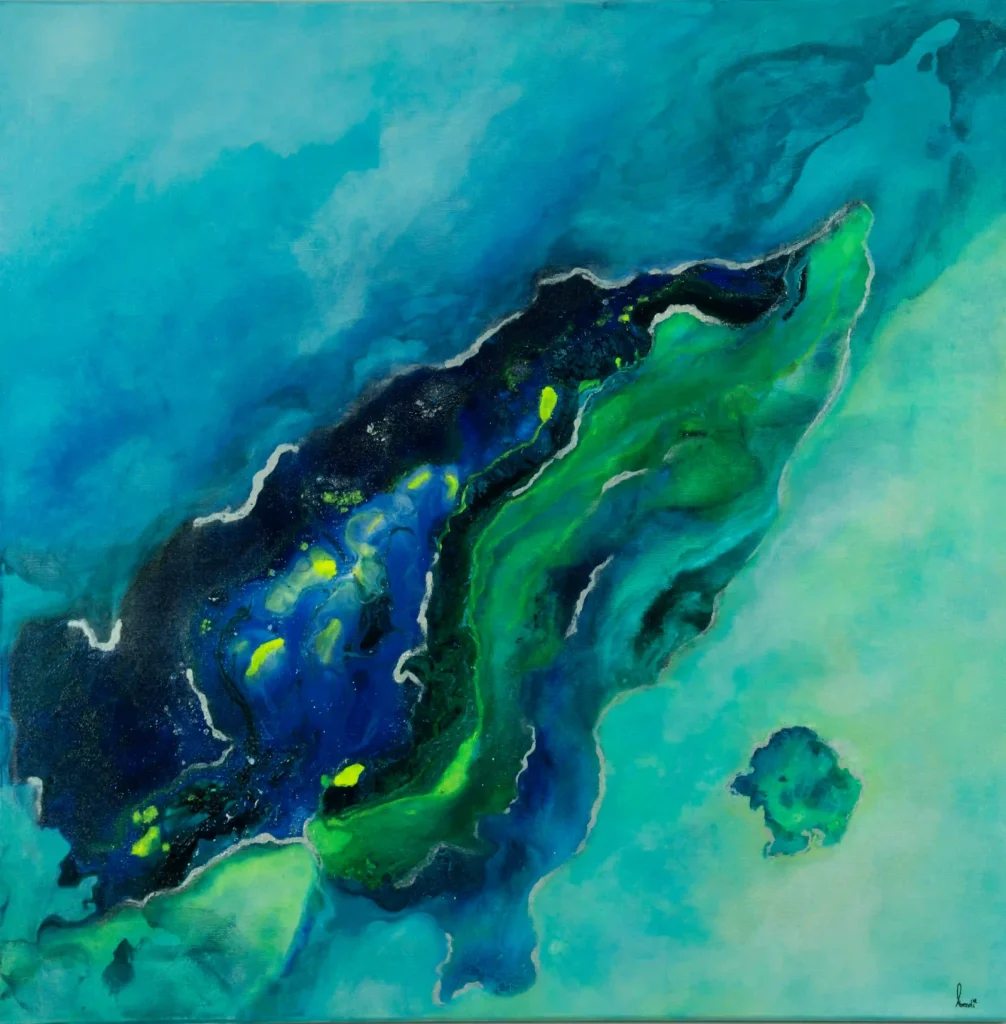 Abstrakte Acrylkunst in Blau-, Grün- und Türkistönen mit organischer Struktur auf Leinwand.