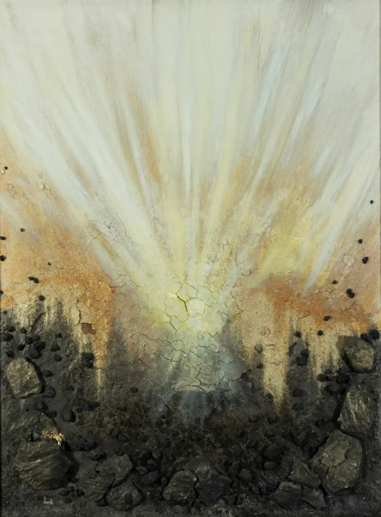 Abstraktes Acrylgemälde mit goldener Lichtstruktur, dunklen Texturen und modernen Farbverläufen auf Leinwand