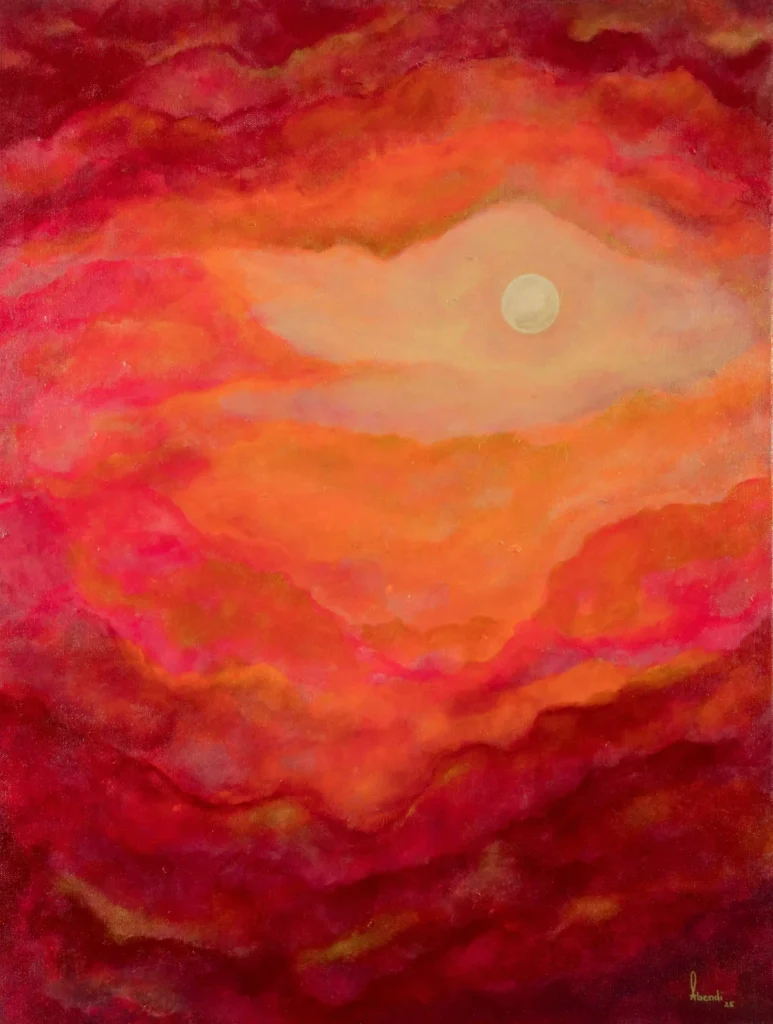 Abstrakte Acrylkunst in Rot-, Orange- und Rosétönen mit leuchtendem Zentrum auf Leinwand.