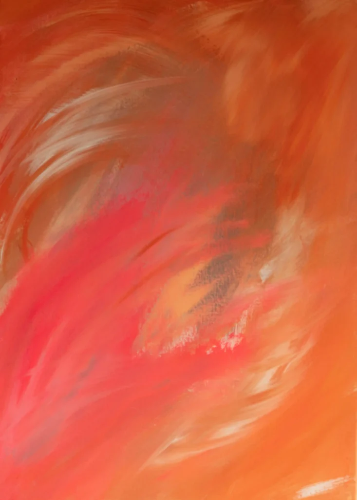 Expressive abstrakte Acrylkunst in Rot-, Orange- und Pinktönen mit dynamischer Bewegung