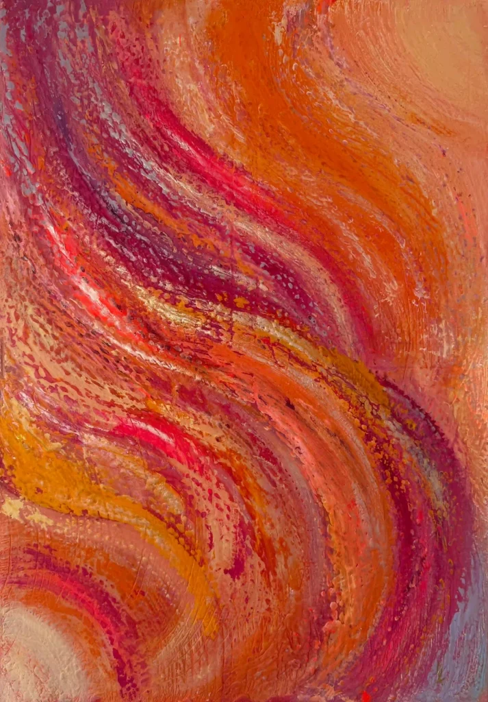 Abstraktes Acrylgemälde mit fließenden Rot-, Orange- und Violetttönen in dynamischer Struktur auf Leinwand