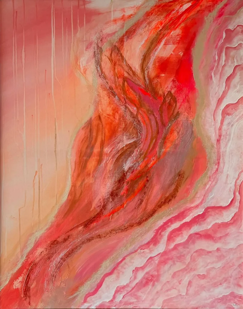 Abstrakte Acrylkunst in Rosé-, Korall- und Orangetönen mit fließender organischer Bewegung.