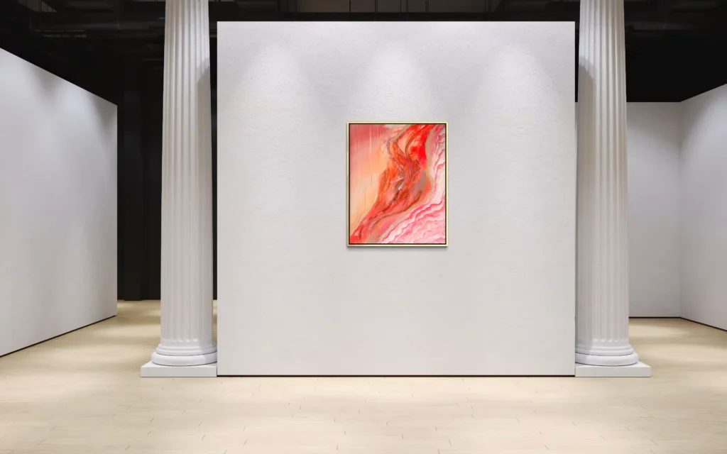 Abstrakte Acrylkunst in Rosé-, Korall- und Orangetönen mit fließender organischer Bewegung.