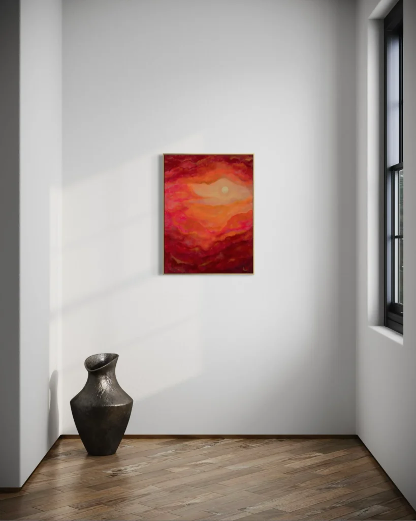 Abstrakte Acrylkunst in Rot-, Orange- und Rosétönen mit leuchtendem Zentrum auf Leinwand.
