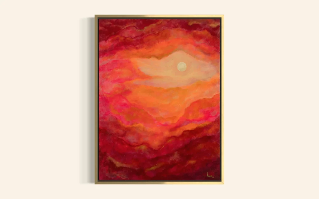 Abstrakte Acrylkunst in Rot-, Orange- und Rosétönen mit leuchtendem Zentrum auf Leinwand.