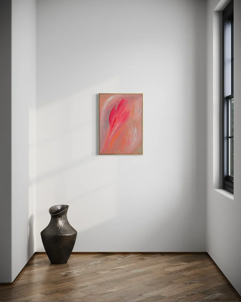 Abstrakte Acrylkunst in Rosé- und Pinktönen mit fließender organischer Form auf Leinwand.