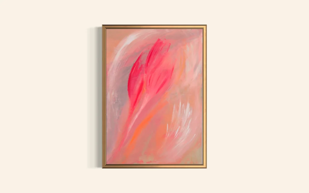 Abstrakte Acrylkunst in Rosé- und Pinktönen mit fließender organischer Form auf Leinwand.