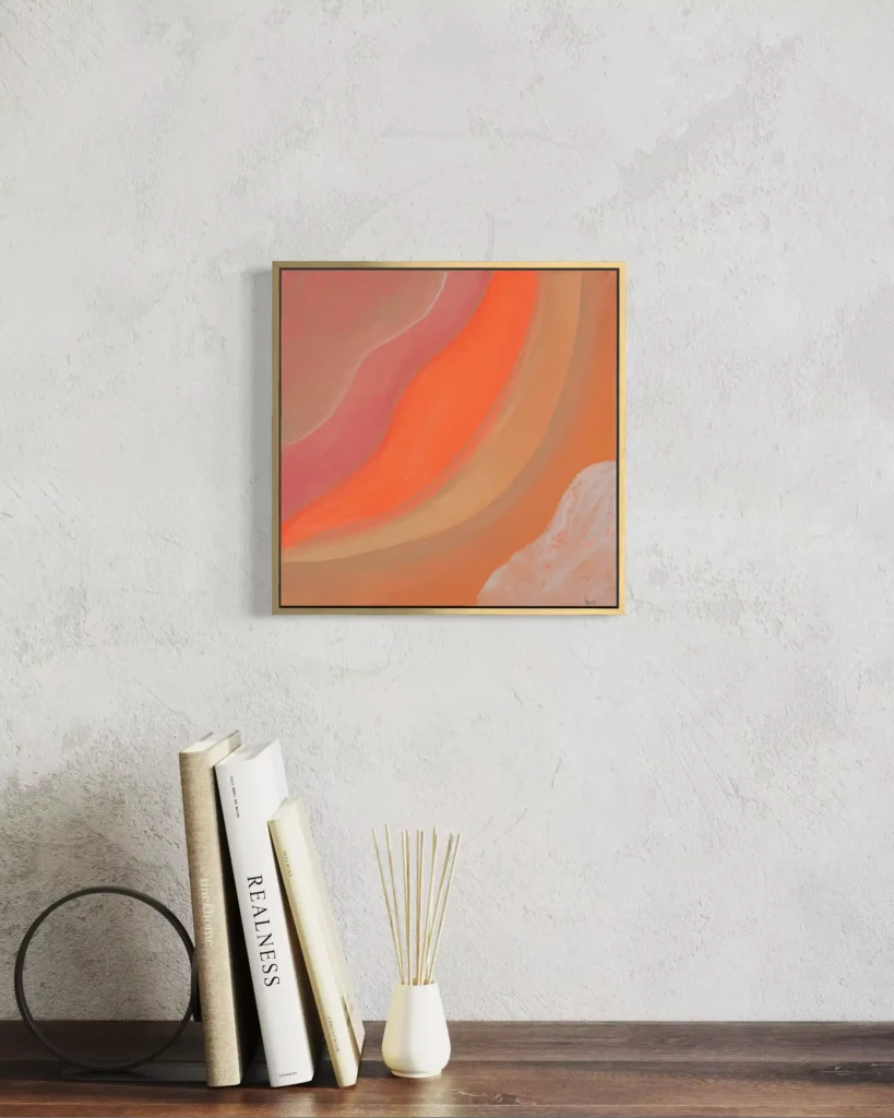 Abstrakte Acrylkunst in warmen Orange-, Rosa- und Beigetönen mit fließender Bewegung.