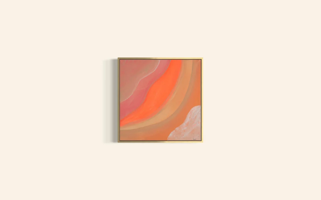 Abstrakte Acrylkunst in warmen Orange-, Rosa- und Beigetönen mit fließender Bewegung.