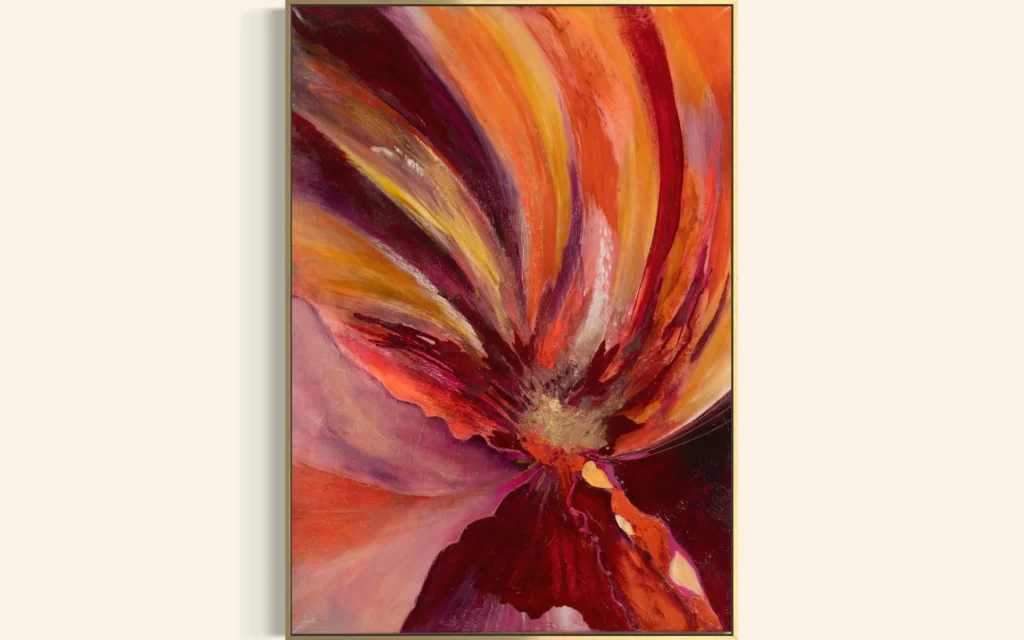 Expressive abstrakte Acrylkunst in Rot-, Orange- und Violetttönen mit dynamischer Bewegung.