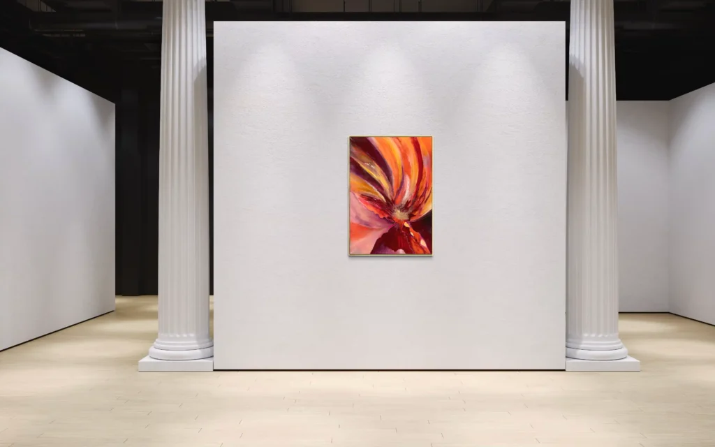 Expressive abstrakte Acrylkunst in Rot-, Orange- und Violetttönen mit dynamischer Bewegung.