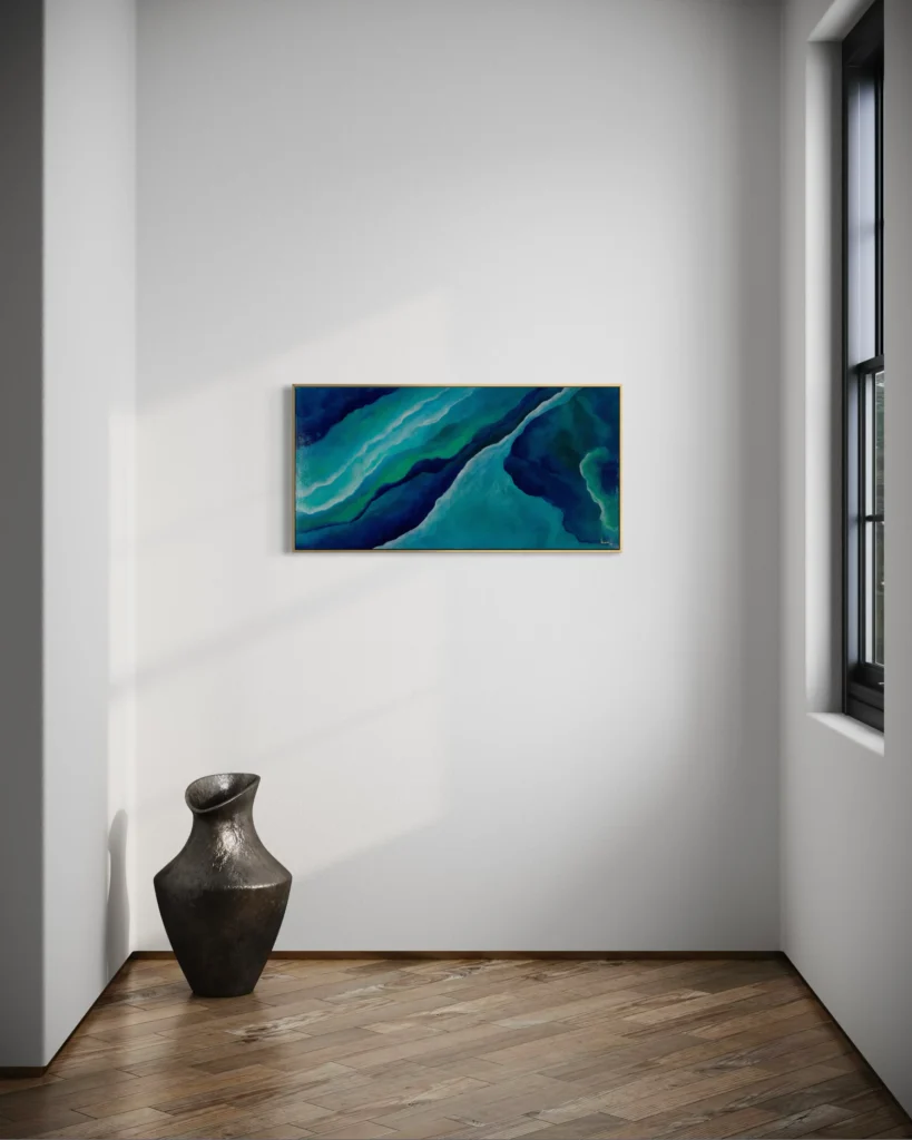 Abstrakte Acrylkunst in Blau- und Türkistönen mit fließender Linienführung und organischer Struktur.