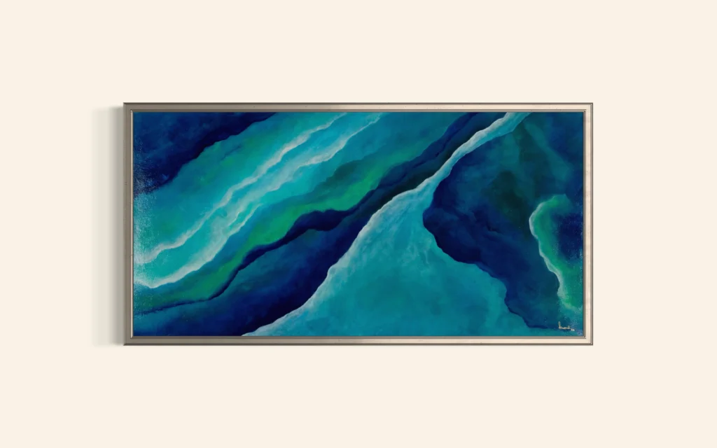 Abstrakte Acrylkunst in Blau- und Türkistönen mit fließender Linienführung und organischer Struktur.