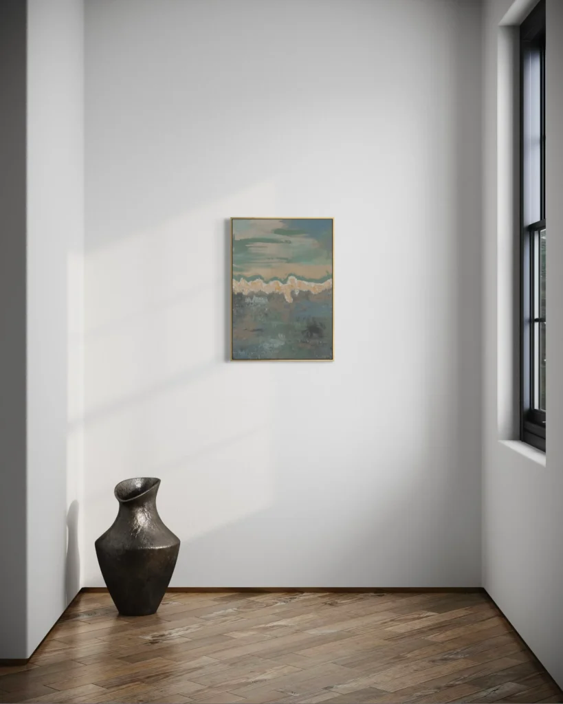 Abstraktes Acrylgemälde in Blau-, Grau- und Sandtönen mit ruhiger Horizontstruktur.