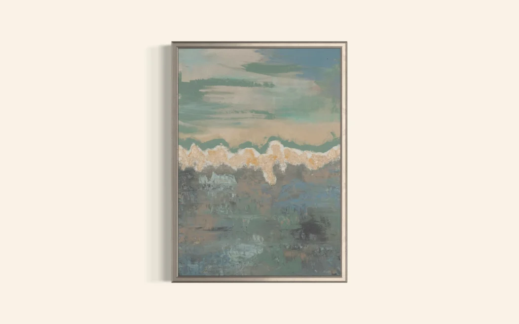 Abstraktes Acrylgemälde in Blau-, Grau- und Sandtönen mit ruhiger Horizontstruktur.