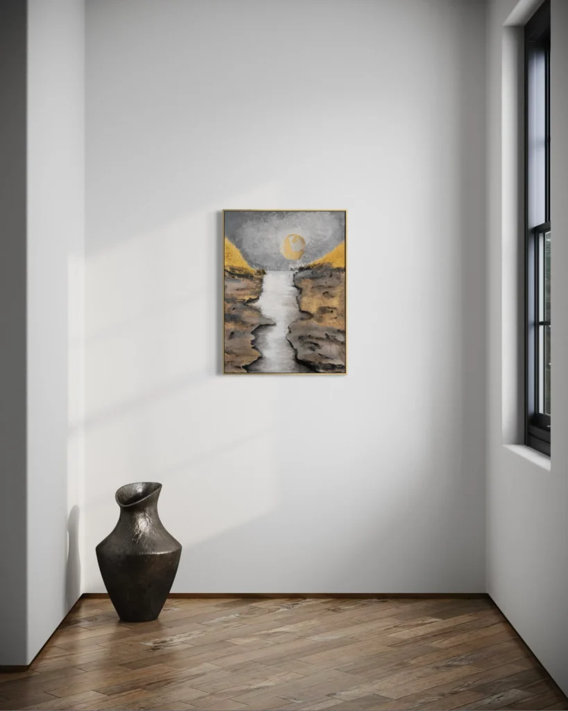 Abstraktes Acrylgemälde mit goldenen Strukturen, silbernem Flusslauf und moderner Texturkunst auf Leinwand