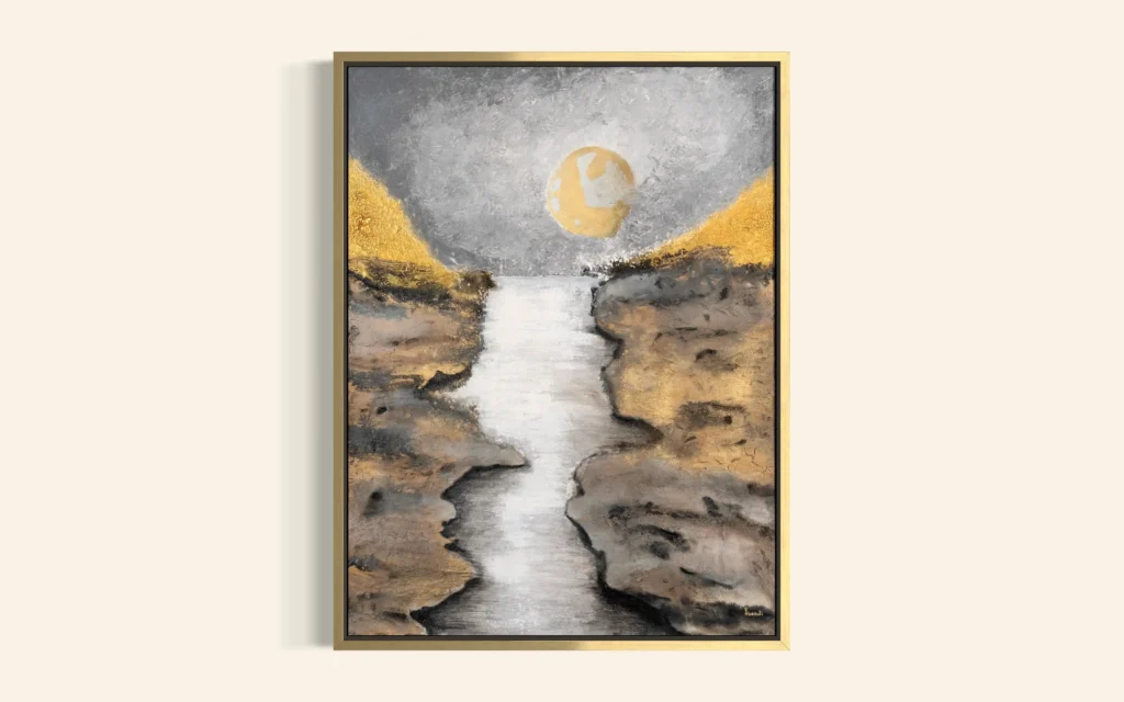 Abstraktes Acrylgemälde mit goldenen Strukturen, silbernem Flusslauf und moderner Texturkunst auf Leinwand