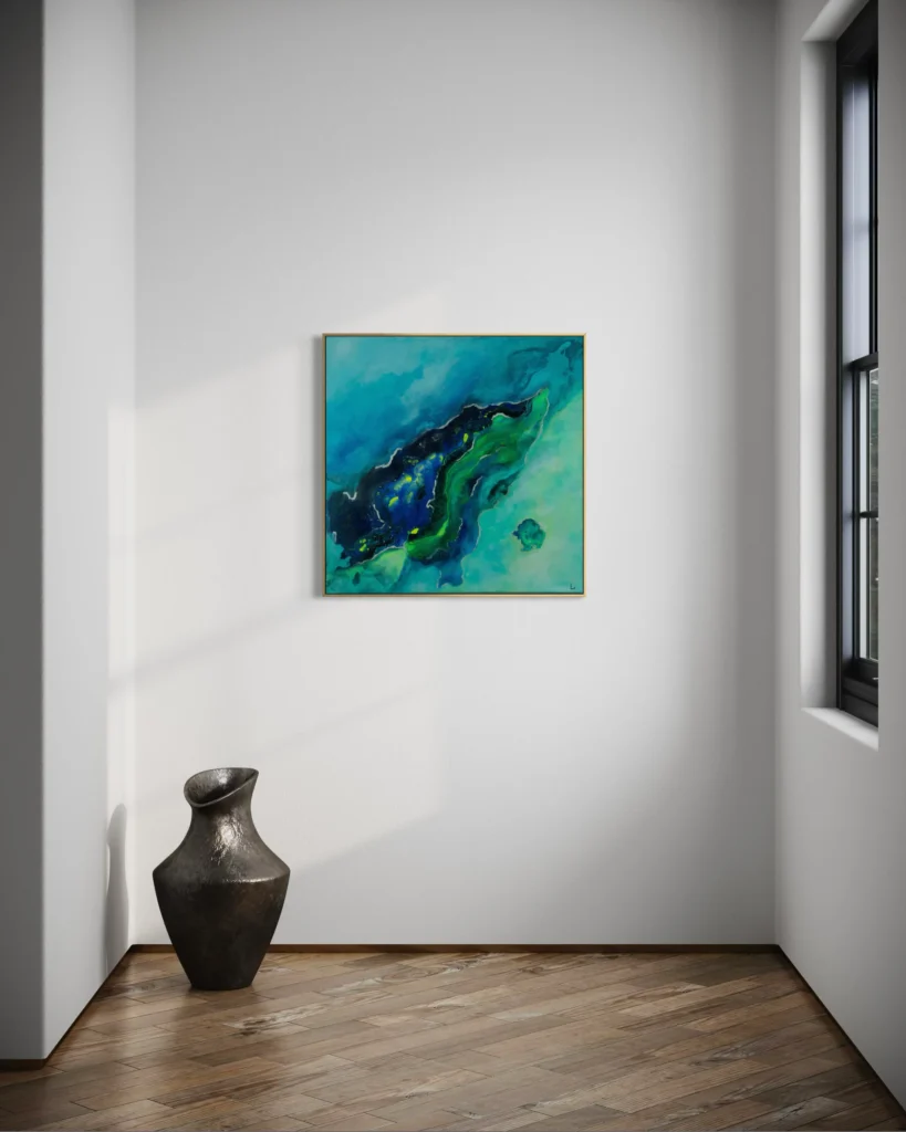 Abstrakte Acrylkunst in Blau-, Grün- und Türkistönen mit organischer Struktur auf Leinwand.
