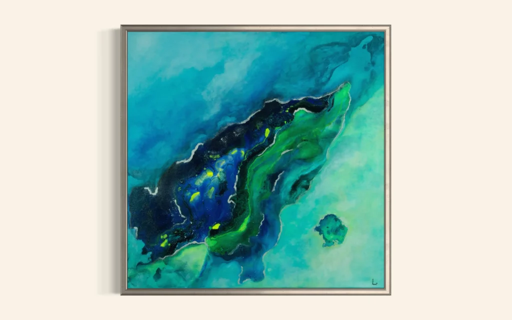 Abstrakte Acrylkunst in Blau-, Grün- und Türkistönen mit organischer Struktur auf Leinwand.