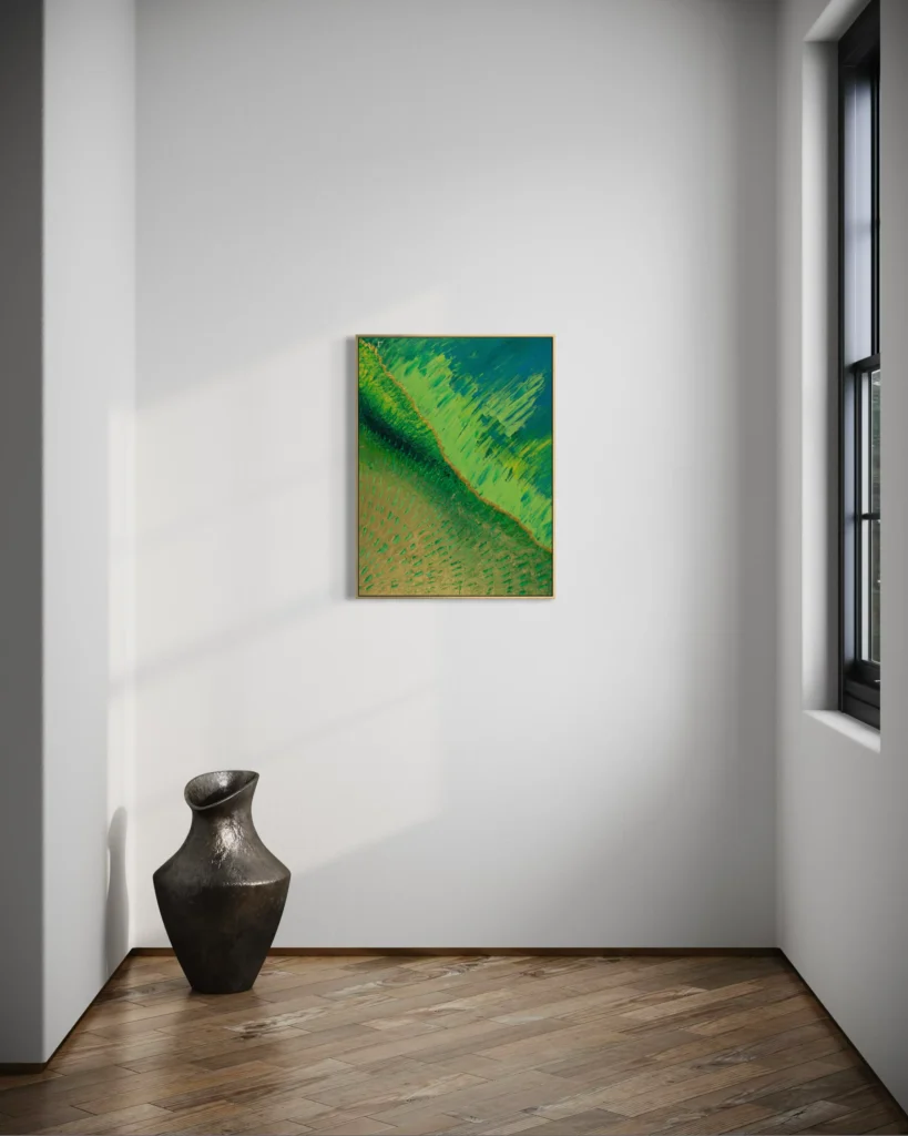 Abstrakte Acrylkunst in Grün- und Türkistönen mit goldener Struktur und dynamischer Oberfläche.