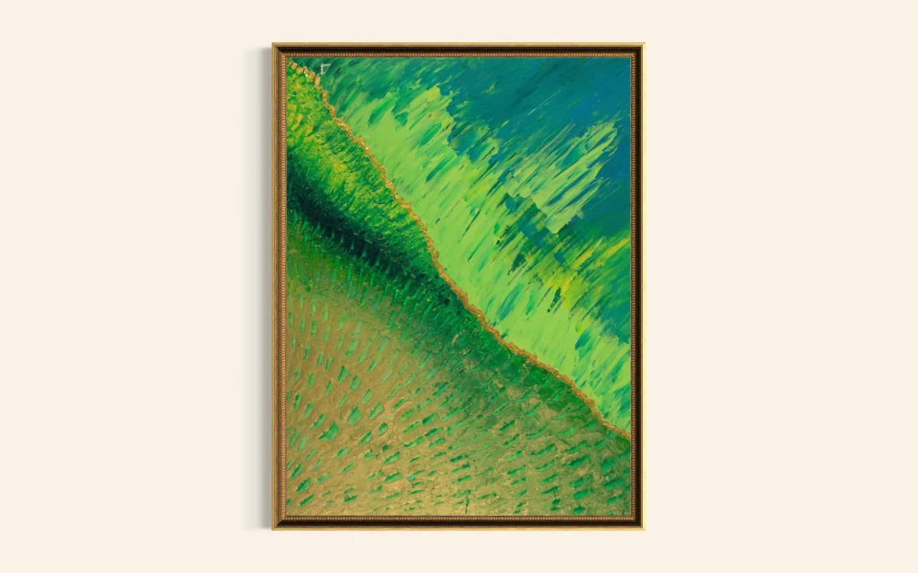 Abstrakte Acrylkunst in Grün- und Türkistönen mit goldener Struktur und dynamischer Oberfläche.