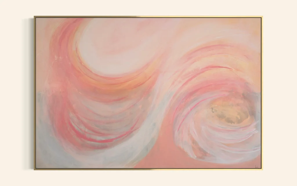 Zeitgenössisches Acrylgemälde in Rosa und Orange mit weichen spiralförmigen Bewegungen.