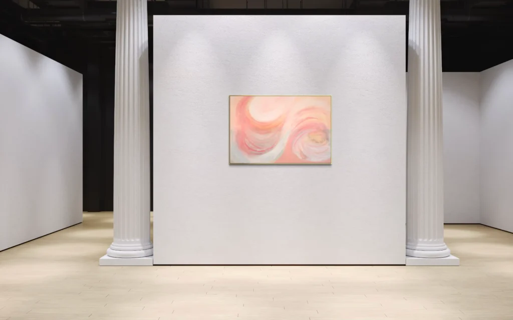 Zeitgenössisches Acrylgemälde in Rosa und Orange mit weichen spiralförmigen Bewegungen.