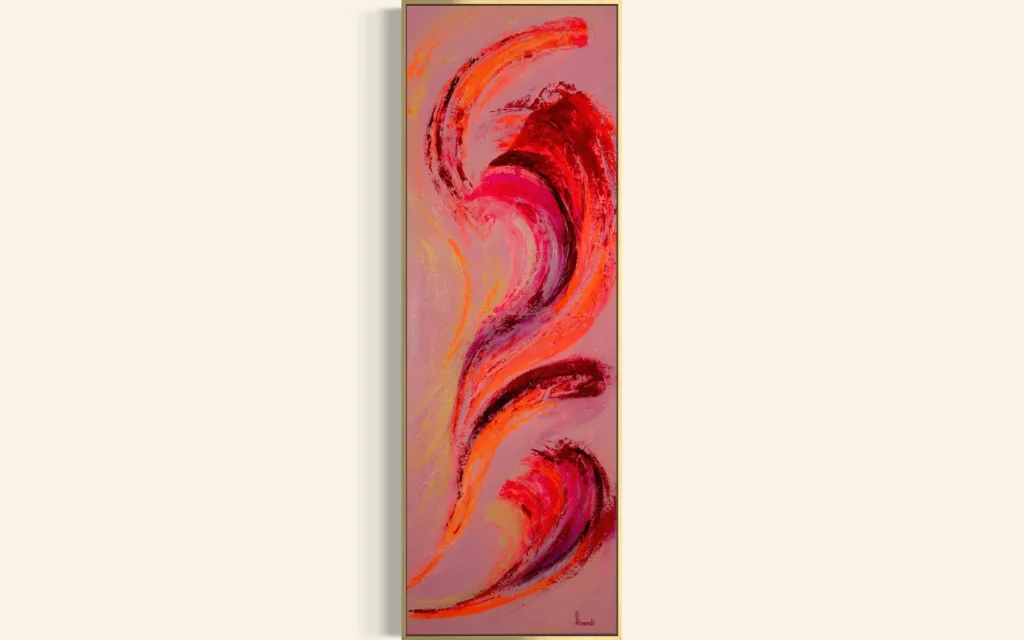 Abstrakte Acrylkunst in Pink-, Rot- und Rosétönen mit dynamischer spiralartiger Bewegung.
