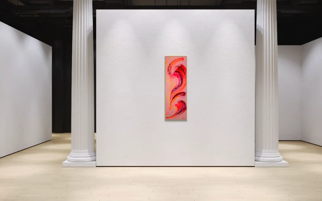 Abstrakte Acrylkunst in Pink-, Rot- und Rosétönen mit dynamischer spiralartiger Bewegung.