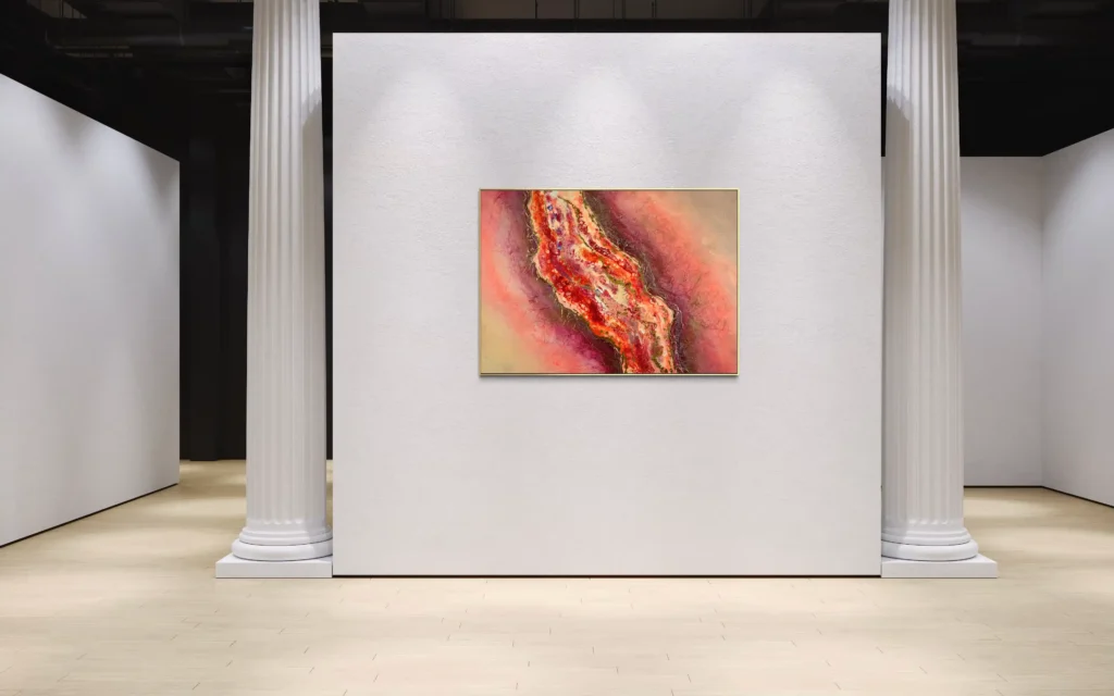 Abstrakte Acrylkunst in Rot-, Rosé- und Goldtönen mit organischer Struktur auf Leinwand.