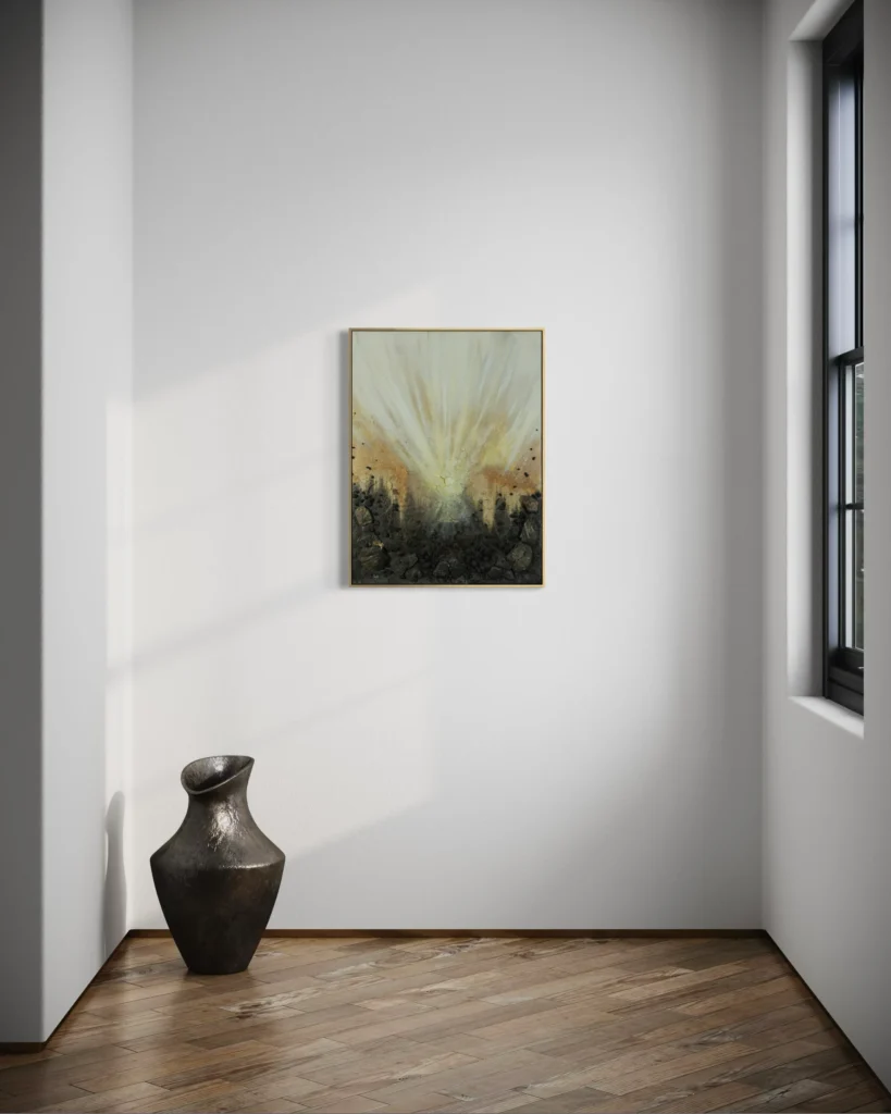 Abstraktes Acrylgemälde mit goldener Lichtstruktur, dunklen Texturen und modernen Farbverläufen auf Leinwand