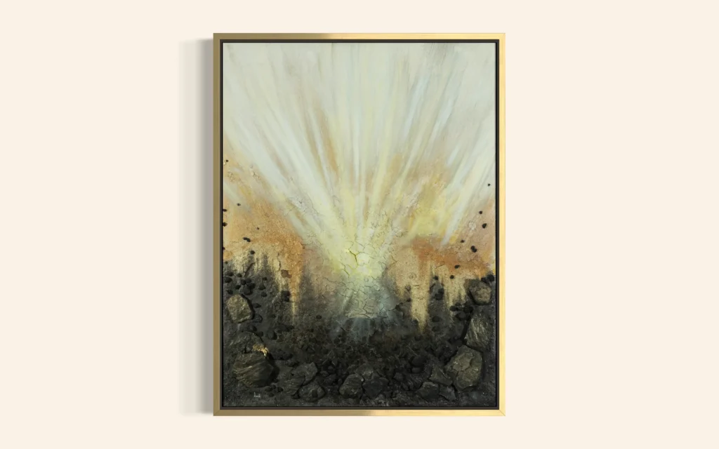 Abstraktes Acrylgemälde mit goldener Lichtstruktur, dunklen Texturen und modernen Farbverläufen auf Leinwand