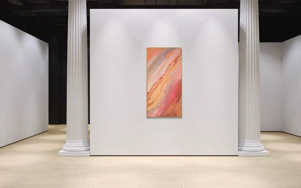 Abstrakte Acrylkunst in Rosé-, Beige- und Goldtönen mit fließender Struktur auf Leinwand.