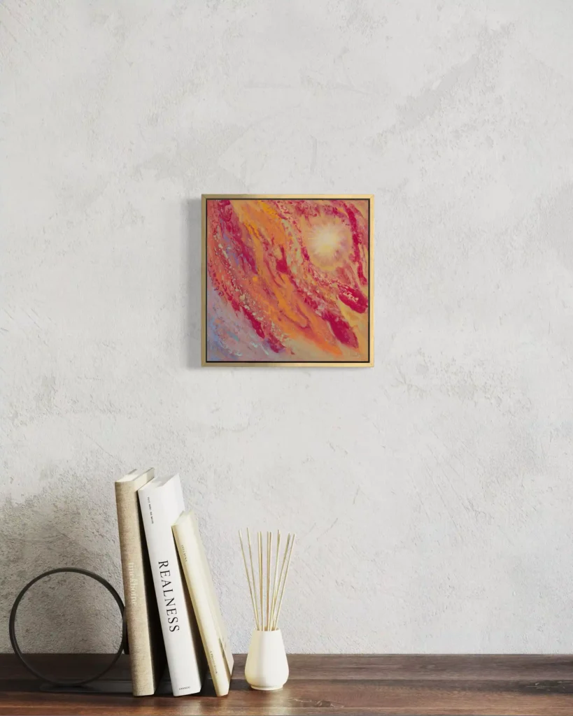 Expressive abstrakte Acrylkunst in Pink-, Gold- und Orangetönen mit leuchtender Dynamik.