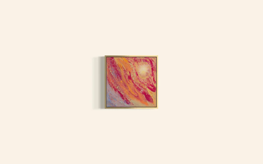 Expressive abstrakte Acrylkunst in Pink-, Gold- und Orangetönen mit leuchtender Dynamik.
